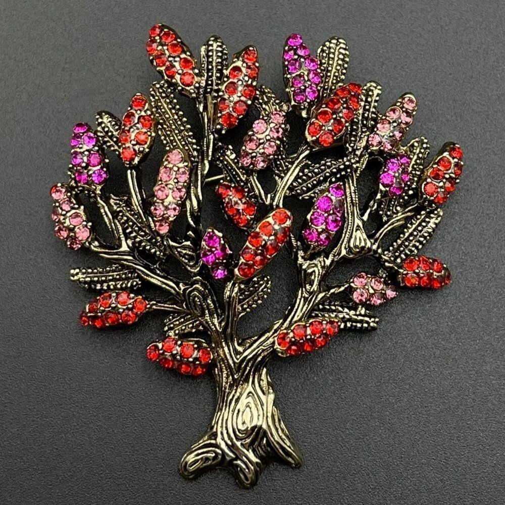 Yellow Gold with Ruby and Pink Sapphire Crystal Blooming Tree Pin Back Brooch